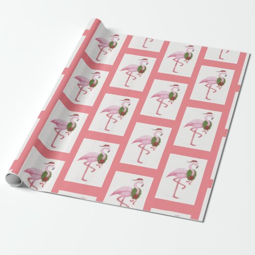 Christmas Santa Flamingo Pink Wrapping Paper