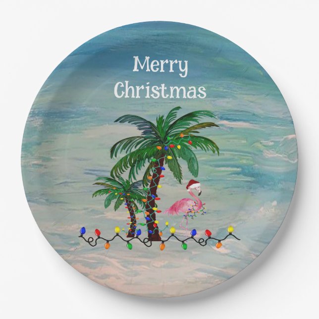 Christmas Santa flamingos Holiday party  Paper Plates (Front)