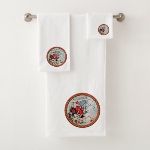 Christmas Santa flying a old airplane Bath Towel Set