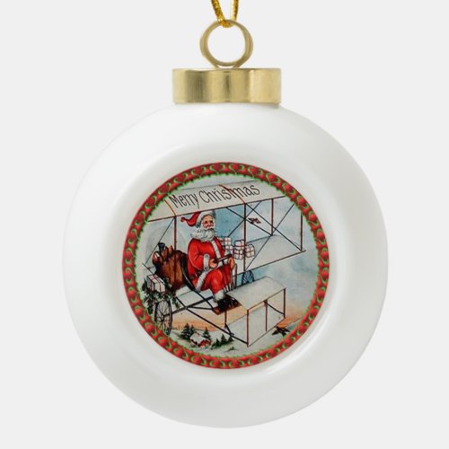 Christmas Santa flying a old airplane Ceramic Ball Christmas Ornament