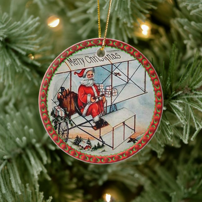 Christmas Santa flying a old airplane Ceramic Ornament (Tree)