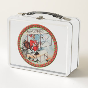Christmas Santa flying a old airplane Metal Lunch Box