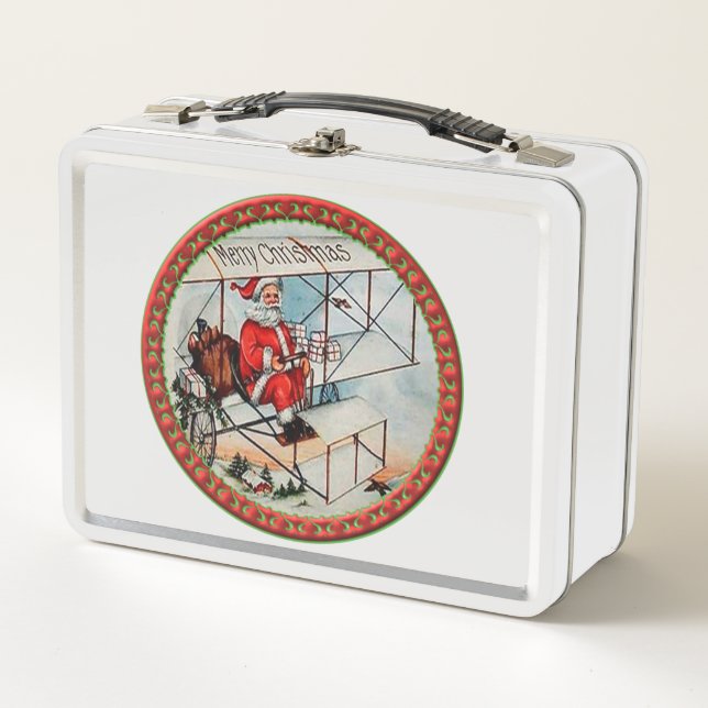 Christmas Santa flying a old airplane Metal Lunch Box (Front)