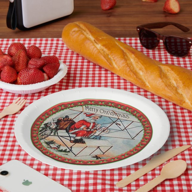 Christmas Santa flying a old airplane Paper Plates (Picnic)