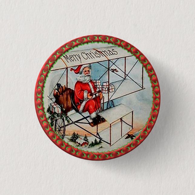 Christmas Santa flying a old airplane Pinback Button (Front)
