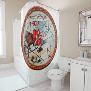 Christmas Santa flying a old airplane Shower Curtain