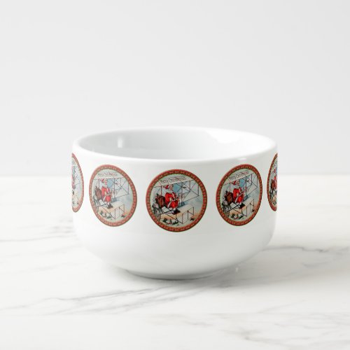 Christmas Santa flying a old airplane Soup Mug