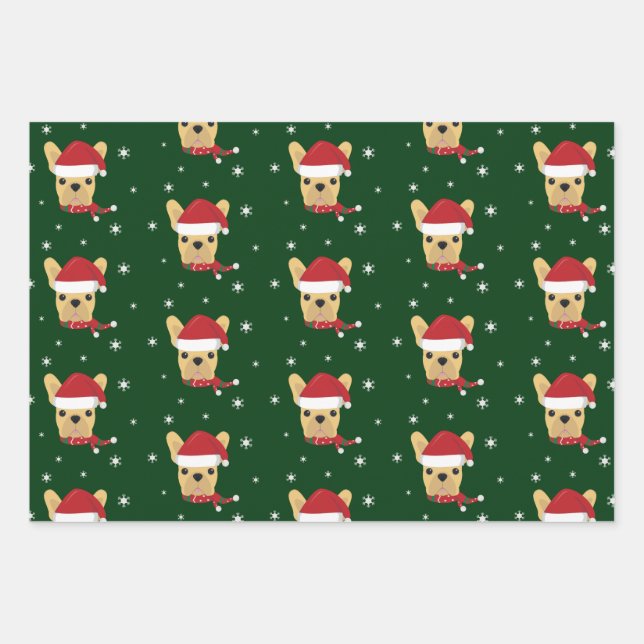 Christmas Santa French Bulldog Snowflake Wrapping Paper Sheets (Front)