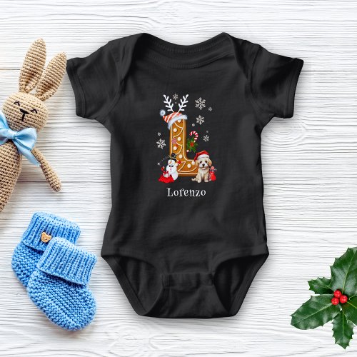 Christmas Santa Gingerbread Name Letter L Boy   Baby Bodysuit