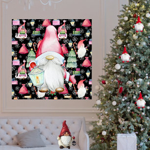 Christmas Santa Gnome & Black Pattern Background Poster