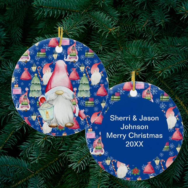 Christmas Santa Gnome & Blue Pattern Holiday Quote Ceramic Ornament (Christmas Santa Gnome & Blue Pattern Holiday Quote Ceramic Ornament)