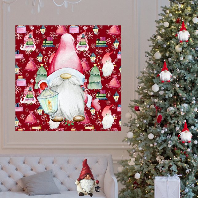 Christmas Santa Gnome & Red Pattern Background Poster (Christmas Santa Gnome & Red Pattern Background Poster)