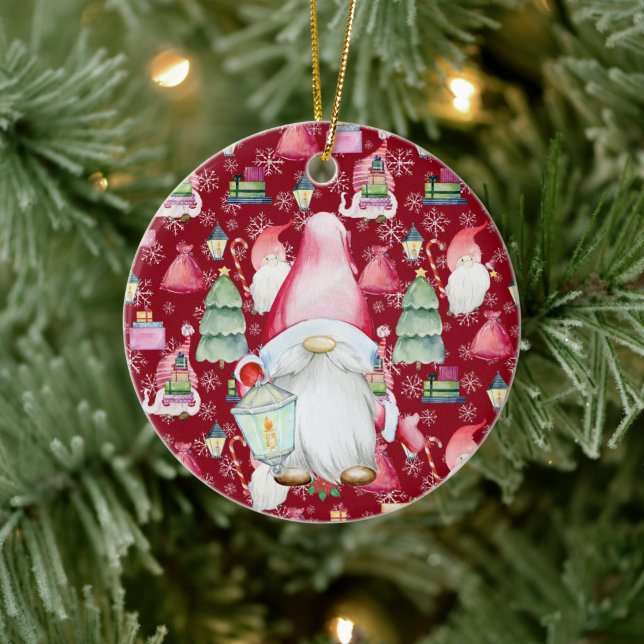 Christmas Santa Gnome & Red Pattern Name & Date Ceramic Ornament (Tree)