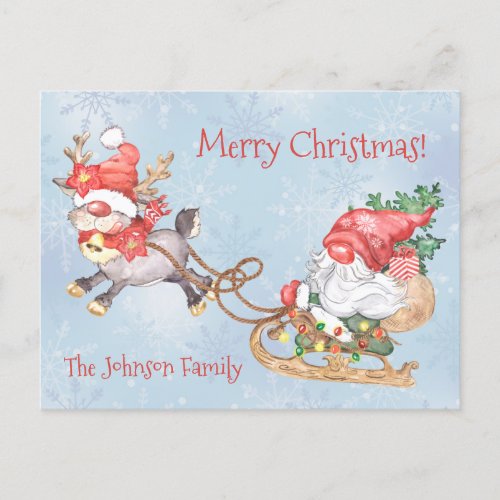 Christmas Santa Gnome with Reindeer Holiday Card