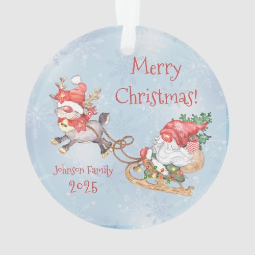 Christmas Santa Gnome with Reindeer Holiday  Ceram Ornament