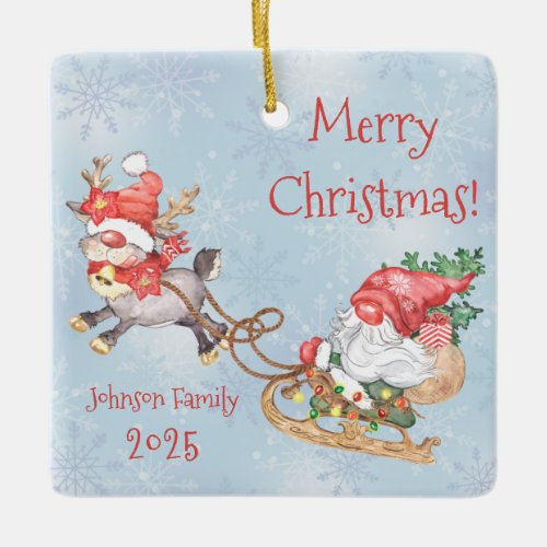 Christmas Santa Gnome with Reindeer Holiday  Ceramic Ornament