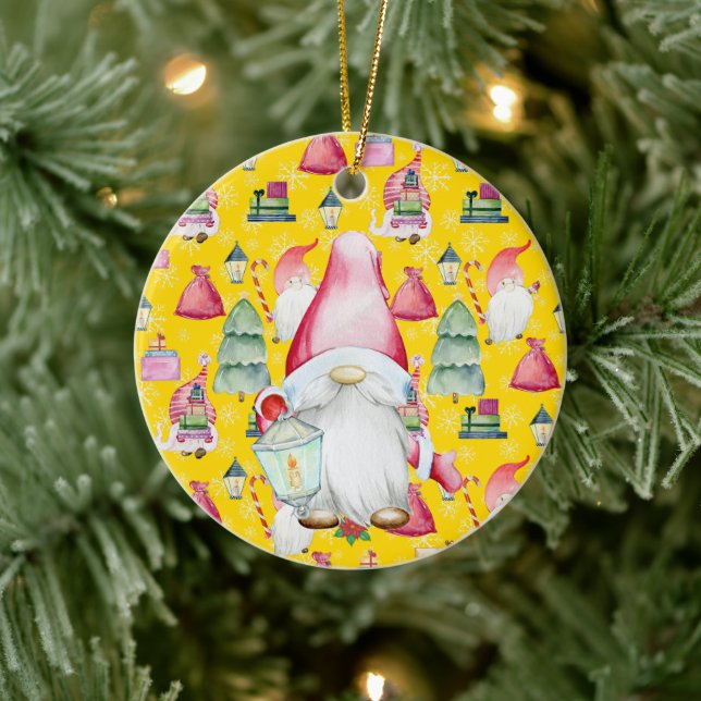 Christmas Santa Gnome & Yellow Pattern Name & Date Ceramic Ornament (Tree)
