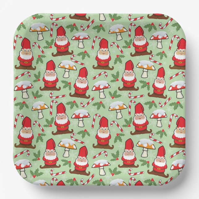 Christmas Santa Gnomes Design Paper Plates (Front)
