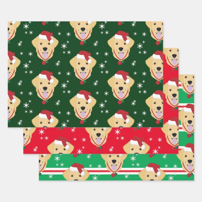 Christmas Santa Golden Retriever Dog Snowflake Wrapping Paper Sheets (Set)