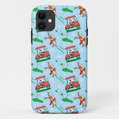 Christmas Santa Golfing With Reindeer Pattern   iPhone 11 Case