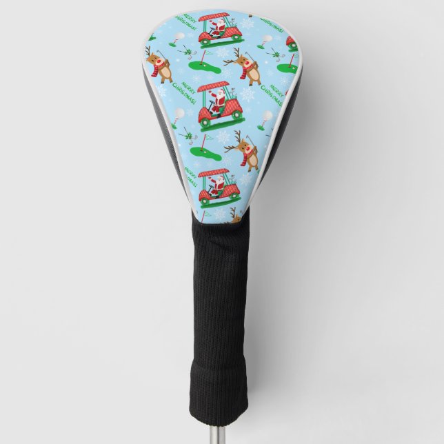 Christmas Santa Golfing With Reindeer Pattern Golf Head Cover (Front)