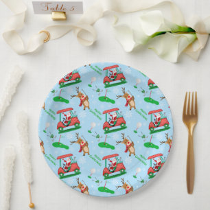 Christmas Santa Golfing With Reindeer Pattern  Paper Plates
