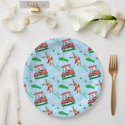 Christmas Santa Golfing With Reindeer Pattern  Paper Plates