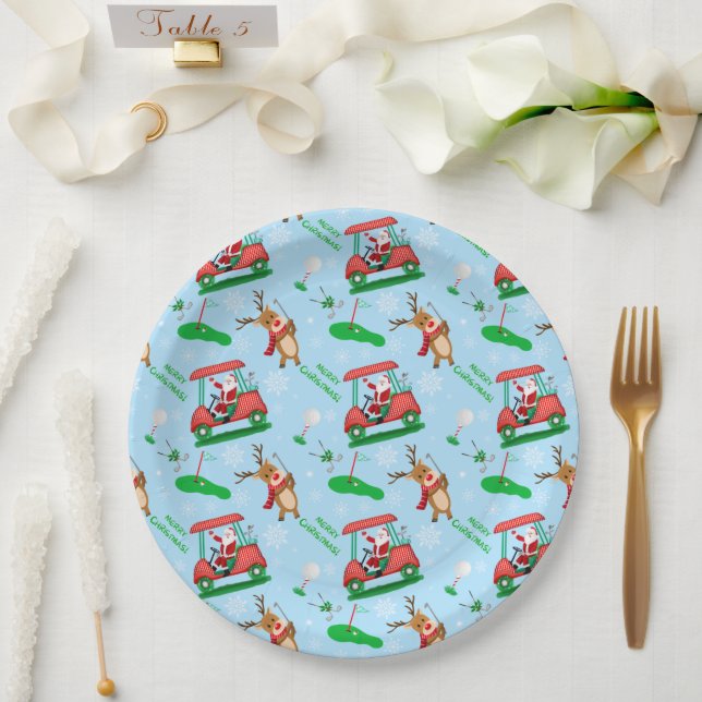Christmas Santa Golfing With Reindeer Pattern  Paper Plates (Wedding)