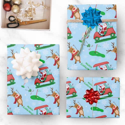 Christmas Santa Golfing With Reindeer Pattern Wrapping Paper Sheets