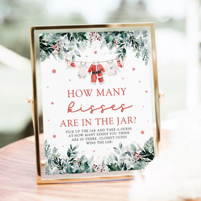 Christmas Santa Guess How Many Kisses Baby Shower  Poster (Watercolor Christmas Santa Guess How Many Kisses Baby Shower Sign)