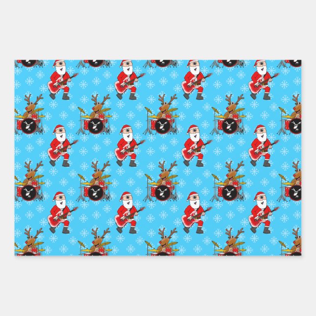 Christmas Santa Guitar Rudolf Drums Pattern Wrapping Paper Sheets (Front)