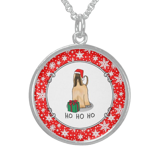 Christmas Santa Hat Afghan Hound Dog Fawn Cute Sterling Silver Necklace (Front)