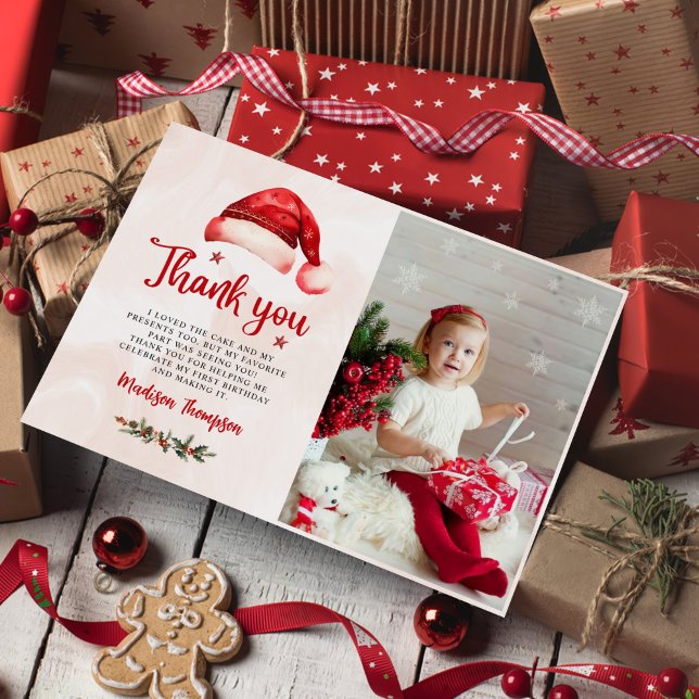 Christmas Santa Hat Birthday Party Photo Thank You Card (Creator Uploaded)