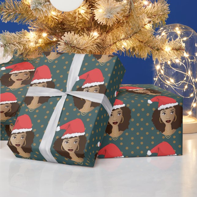 Christmas Santa Hat, Black Woman, Brown Dots, Teal Wrapping Paper (Holidays)