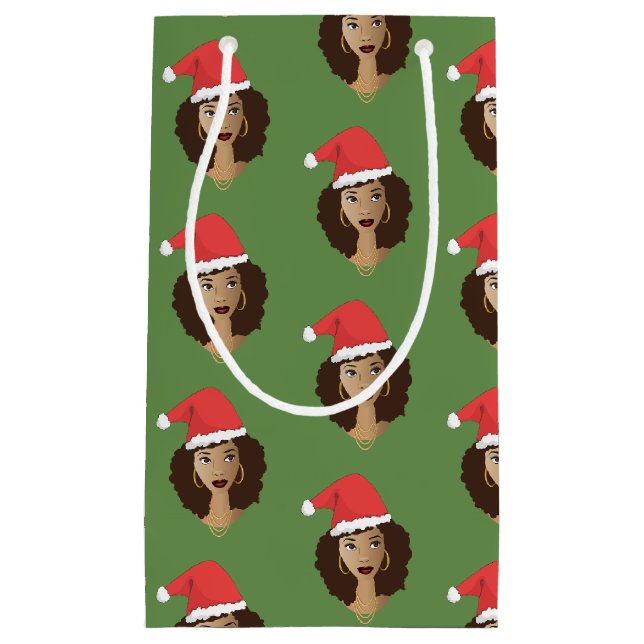 Christmas Santa Hat, Black Woman, Green Small Gift Bag (Front)