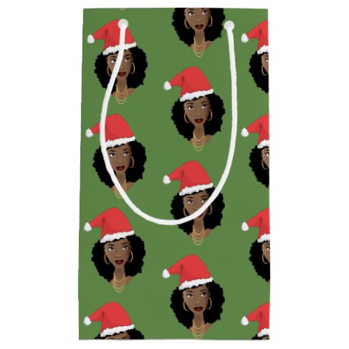 Christmas Santa Hat Black Woman Green Small Gift Bag