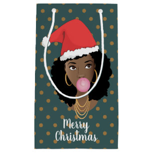 Christmas Santa Hat, Black Woman, Gum, Dark Teal Small Gift Bag