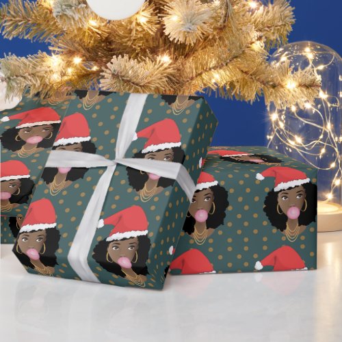 Christmas Santa Hat Black Woman Gum Stars Teal Wrapping Paper