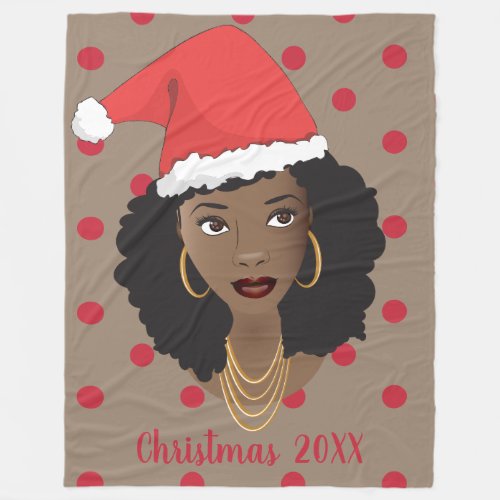 Christmas Santa Hat Black Woman Red Dots Brown Fleece Blanket