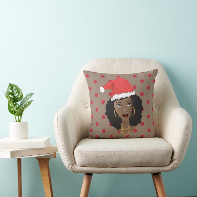 Christmas Santa Hat, Black Woman, Red Dots, Brown Throw Pillow (Chair)