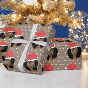 Christmas Santa Hat, Black Woman, Stars, Brown Wrapping Paper