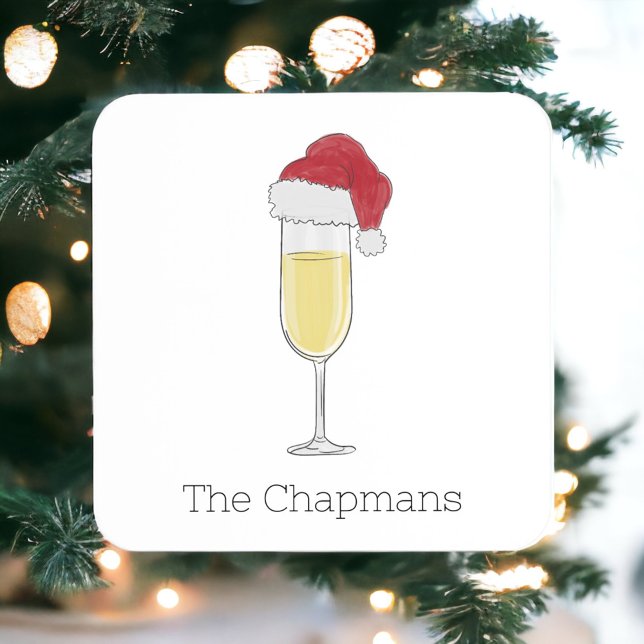 Christmas Santa Hat Champagne Festive Square Paper Coaster (Creator Uploaded)