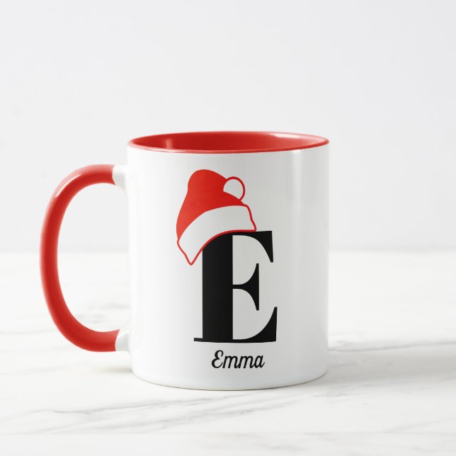 Christmas Santa Hat Custom Monogram & Name Mug (Left)