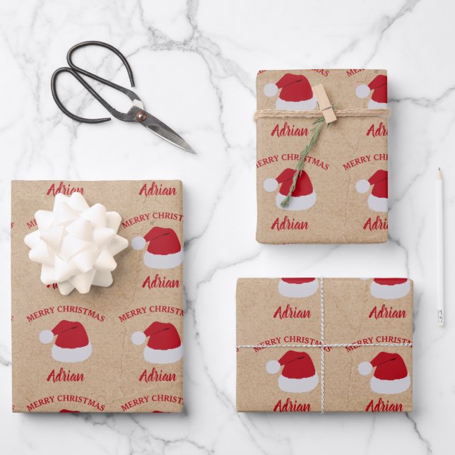 Christmas Santa Hat & Custom Name Pattern Kraft Wrapping Paper Sheets (Front)