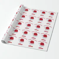 Christmas Santa Hat & Custom Name Pattern Kraft Wrapping Paper Sheets, Zazzle