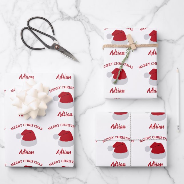 Christmas Santa Hat & Custom Name Pattern Wrapping Paper Sheets (Front)