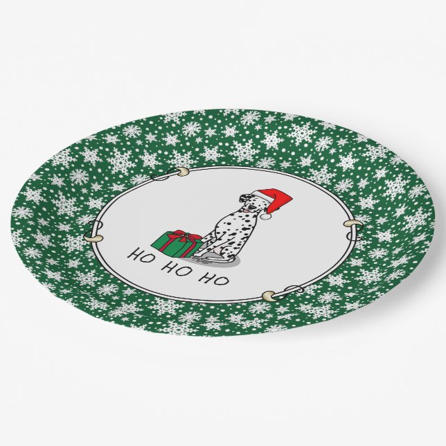 Christmas Santa Hat Dalmatian Dog (black 1) Cute Paper Plates (Angled)