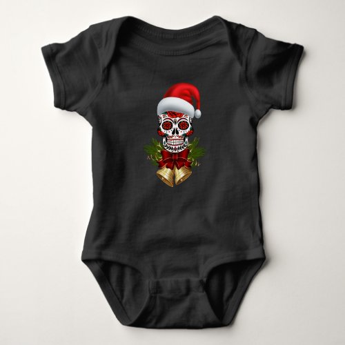 Christmas Santa Hat Day Of The Dead Sugar Skull Baby Bodysuit