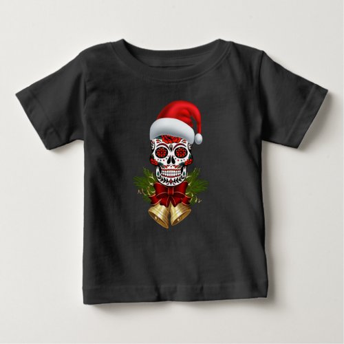 Christmas Santa Hat Day Of The Dead Sugar Skull Baby T_Shirt