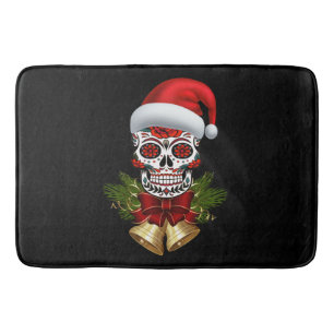 Christmas Santa Hat Day Of The Dead Sugar Skull Bath Mat